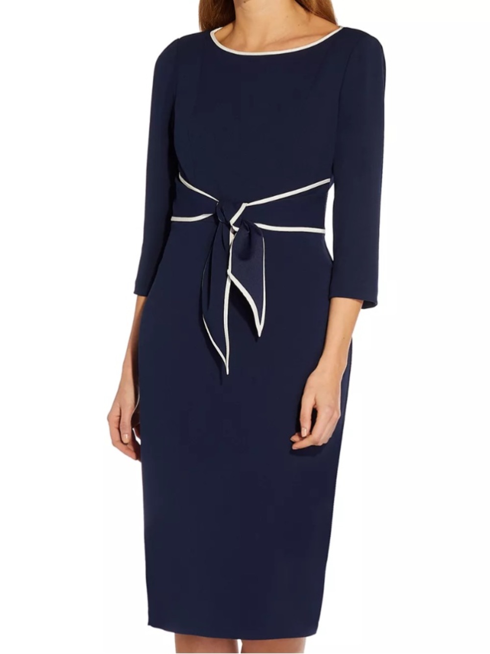 Adrianna Papell Women 16 Navy Blue Ivory Crepe Tipped Tie Front Sheath Dress NWT